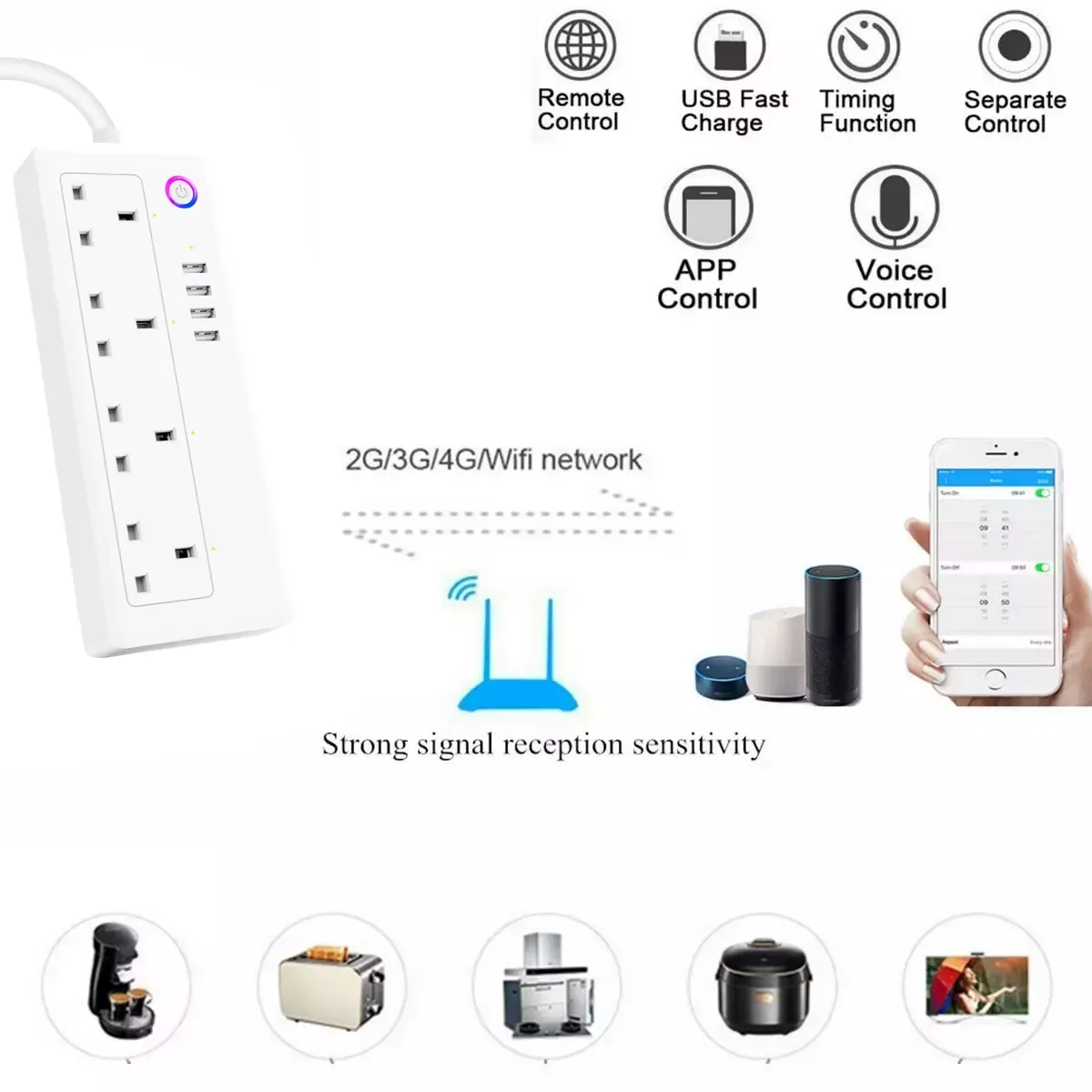 Tuya Smart Power Extension Strip, 4 AC and 4 USB Ports, WiFi