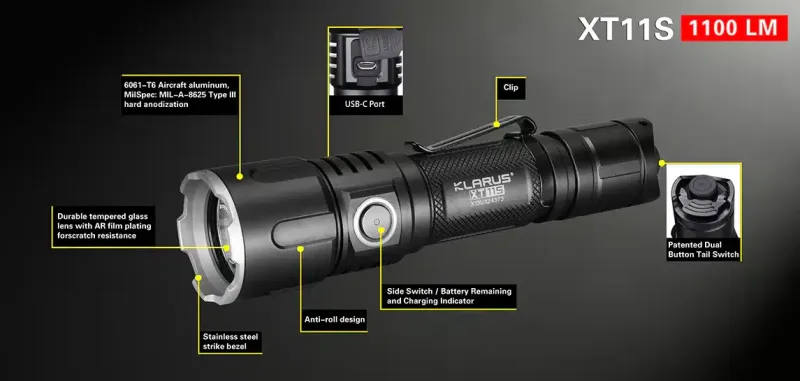 Klarus XT11S: 330m (1082ft) Tactical Flashlight | 1100 Lumens, Waterproof, Rechargeable, Durable | Ideal for Security,