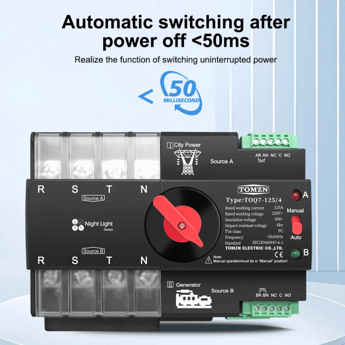 Tomzn TOQ7-100 4P 100A 3 Phase ATS – 220V Automatic & Manual Transfer Switch |