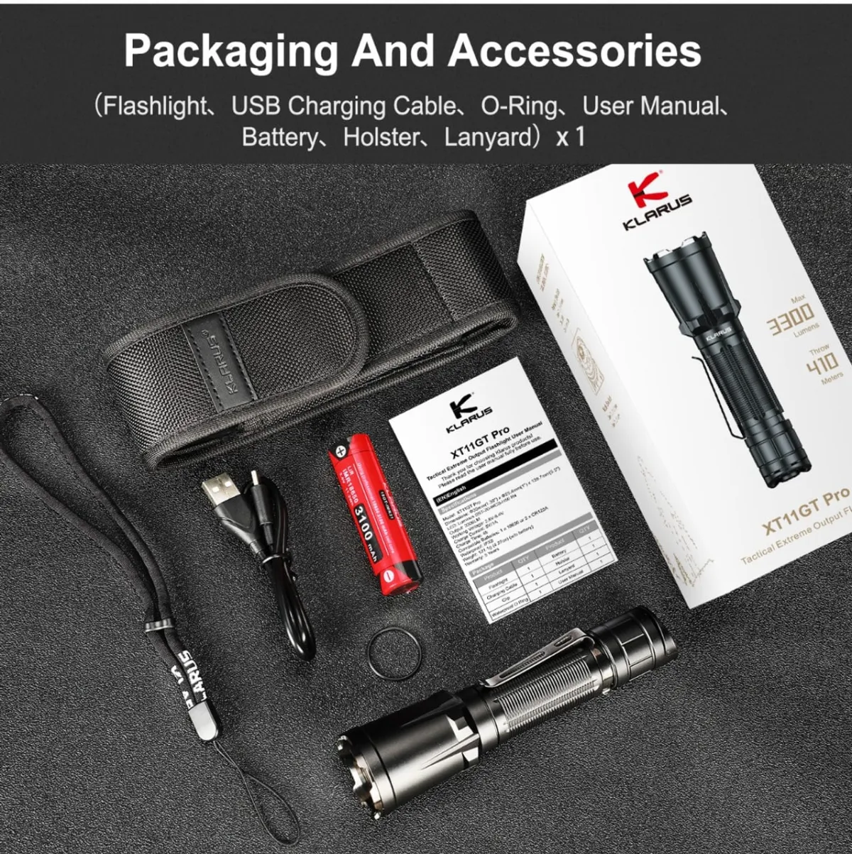 Klarus XT11GT Pro Tactical Flashlight, 3300 Lumens, 410m Beam