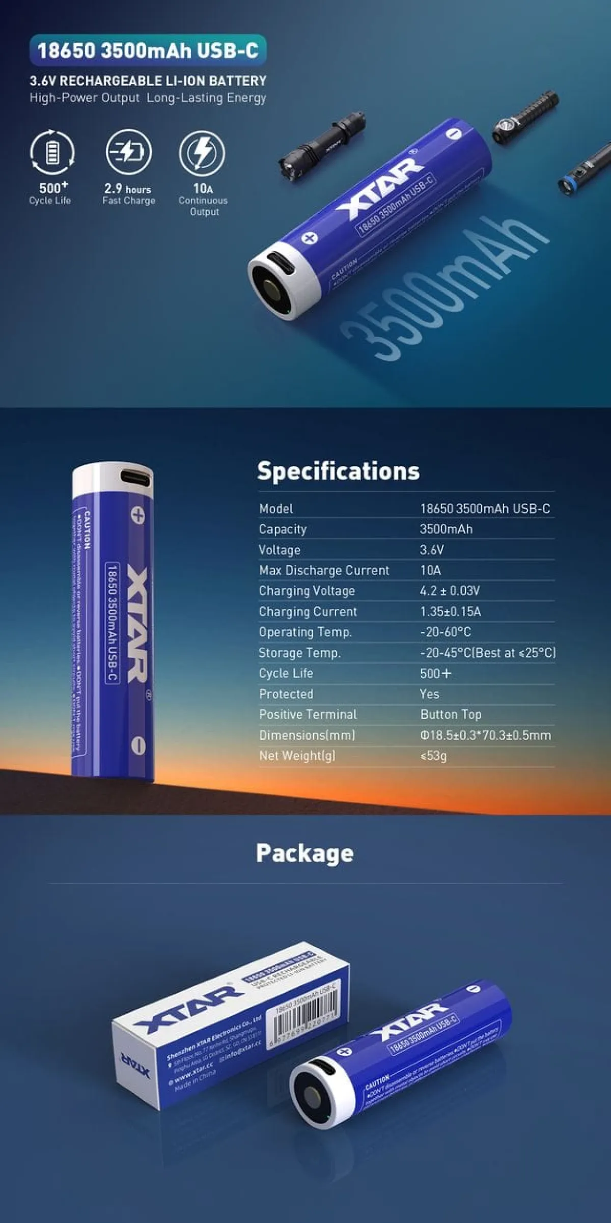 XTAR 18650 battery with built-in USB-C charging