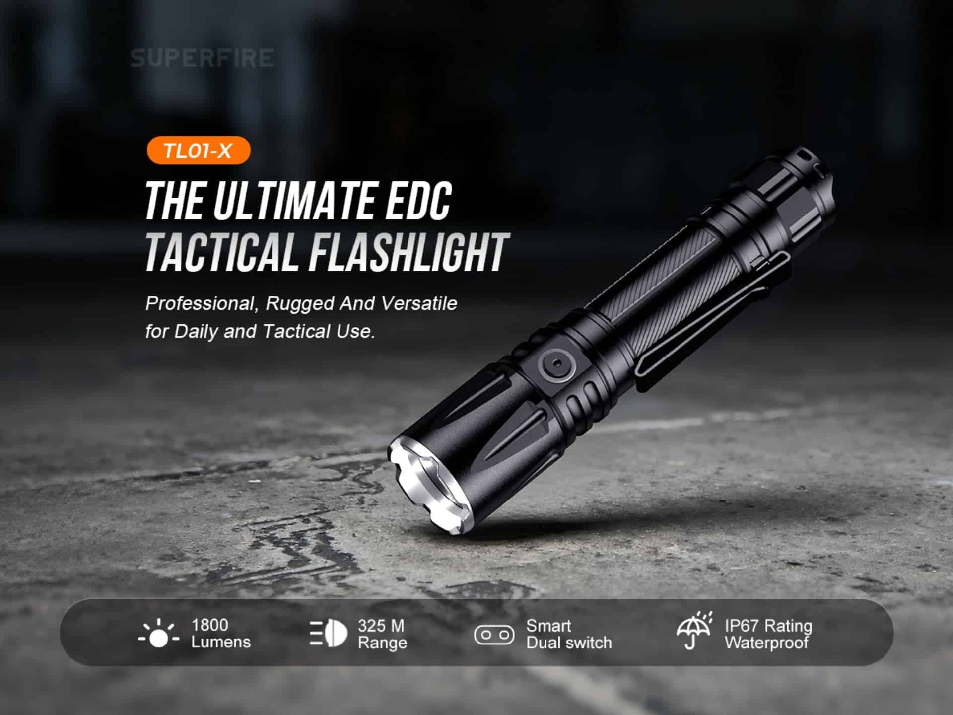 SUPERFIRE TL01-X Tactical Flashlight 1800 Lumens | 325M Range | 3350mAh Battery | USB-C Rechargeable in Kenya