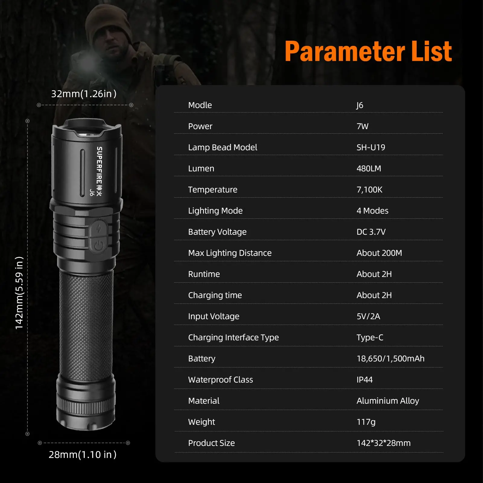 SUPERFIRE J6 LED Flashlight | 480LM 200m Range Type-C Charging 18650 Battery Aluminum Alloy Tactical Torch in Kenya