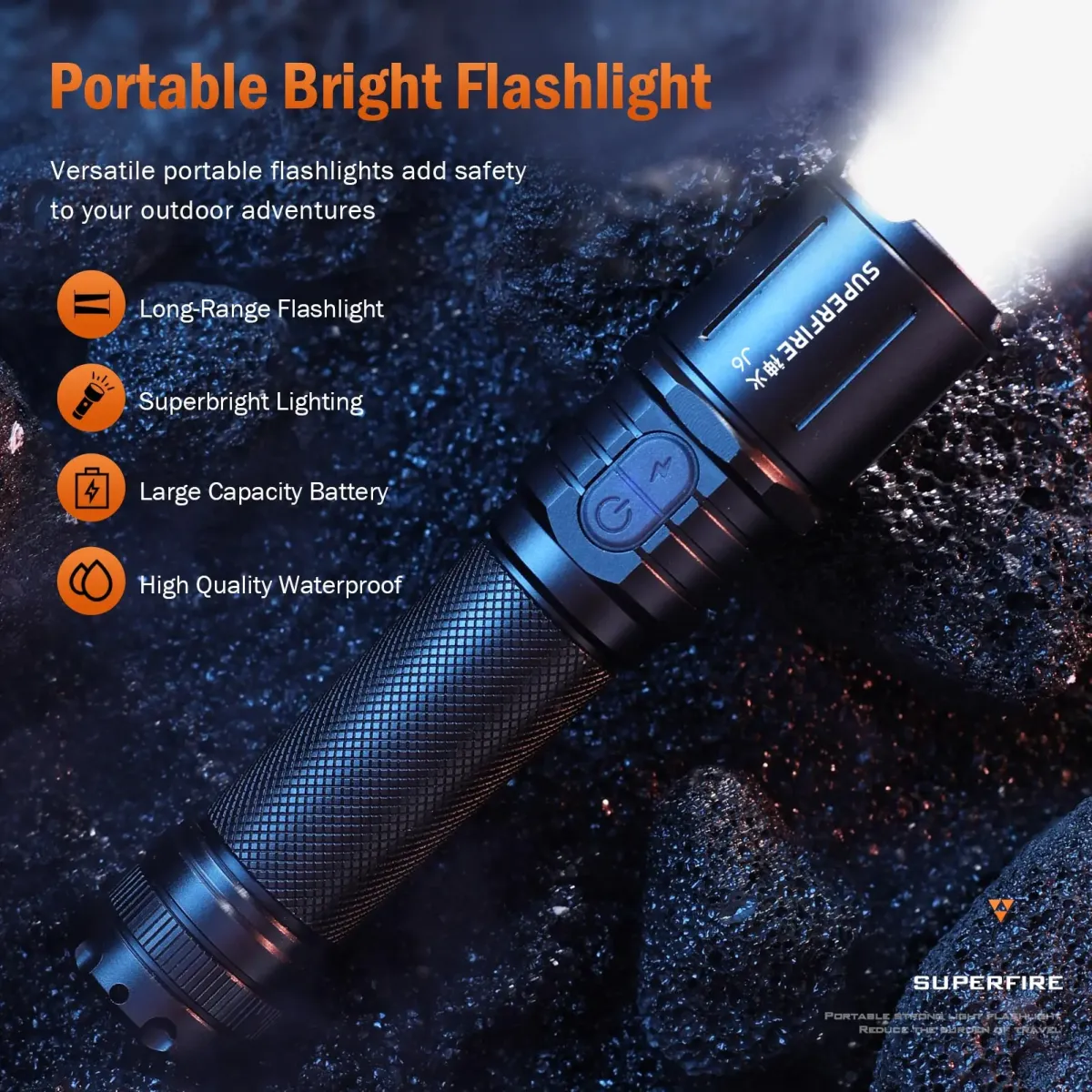 SUPERFIRE J6 LED Flashlight | 480LM 200m Range Type-C Charging 18650 Battery Aluminum Alloy Tactical Torch in Kenya