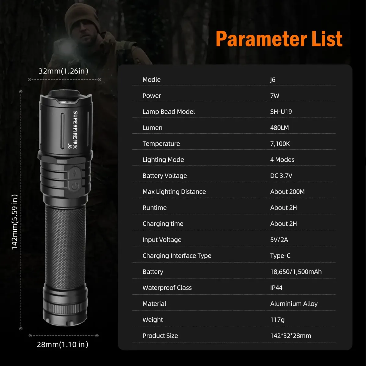 SUPERFIRE J6 flashlight, side view