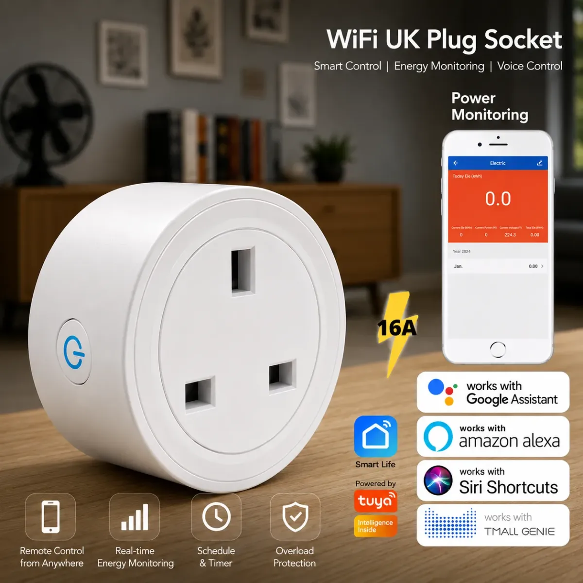 Tuya WiFi Smart Plug: 16A, 3200W | Energy Monitor, Alexa/Google | Smart Home Automation in Kenya