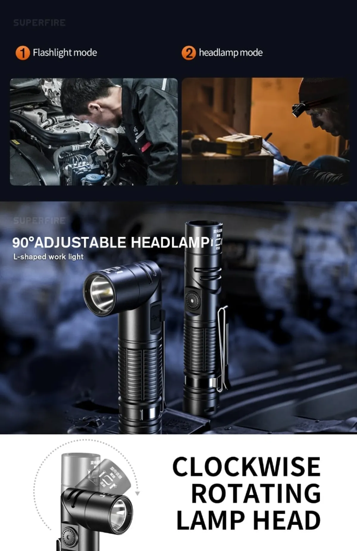 SUPERFIRE G19-S 360LM Magnetic Rechargeable Flashlight, 90° Adjustable Head, Type-C, Headlamp in Kenya