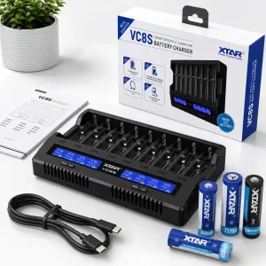 XTAR VC8S 8-Slot Charger | 3A USB C Fast Charge, LCD Display |18650, 21700 AA, AAA Ni-MH Li-ion Battery Charger for Flashlights, Drones, Vapes