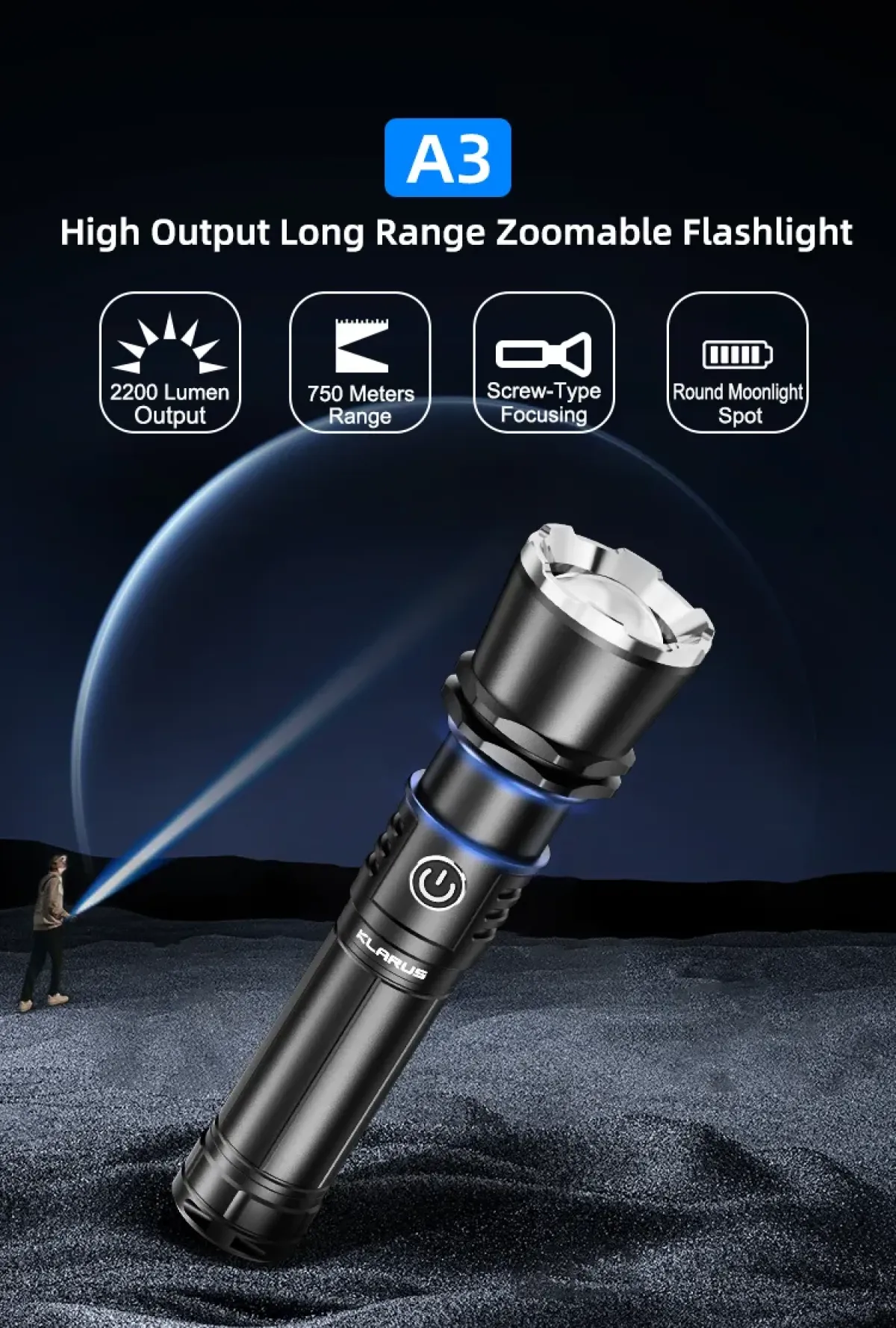 Klarus A3 Zoomable Flashlight, 2200 Lumens, 750m Beam