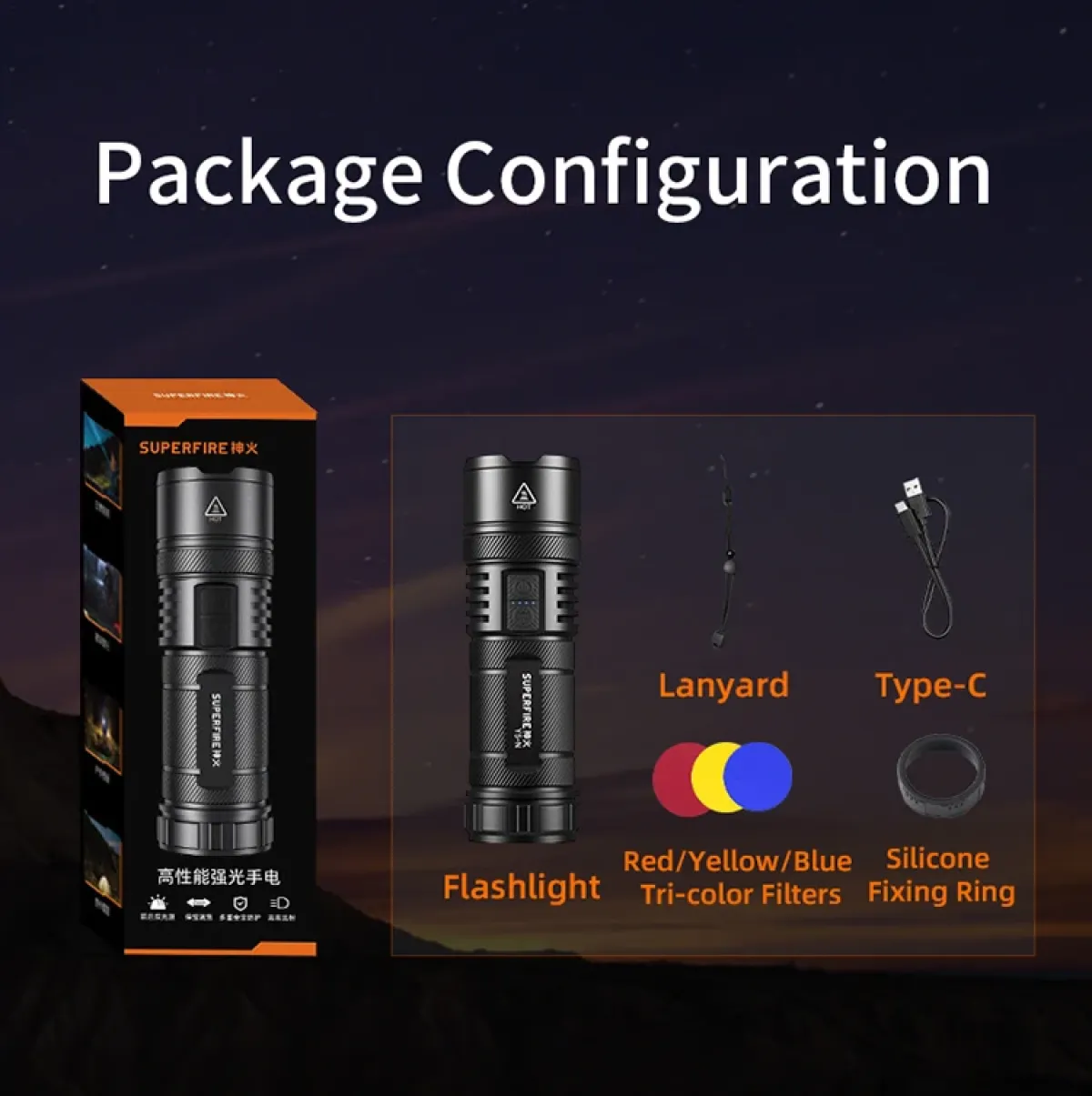 Superfire Y5-N Wildlife Spotting Flashlight with Red, Yellow & Blue Filters, 700m Long-Range Zoom Beam, RGB Rear Light