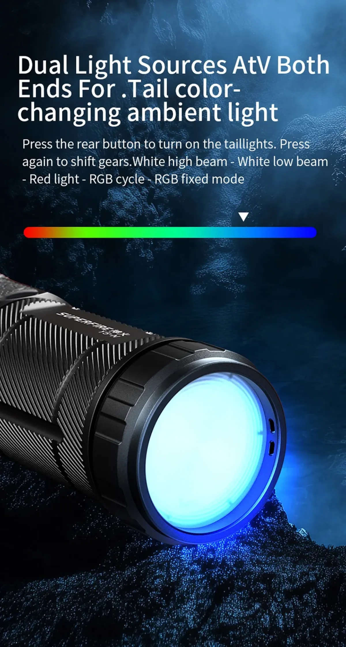 Superfire Y5-N Wildlife Spotting Flashlight with Red, Yellow & Blue Filters, 700m Long-Range Zoom Beam, RGB Rear Light