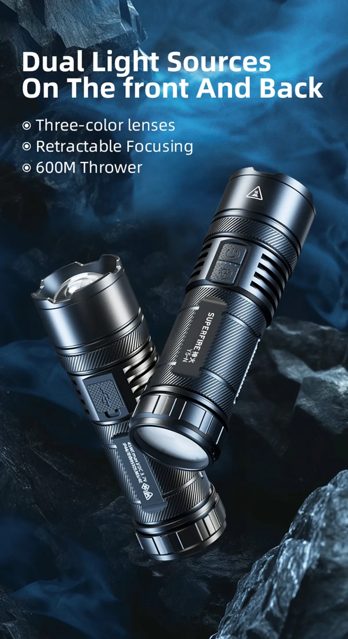Superfire Y5-N Wildlife Spotting Flashlight with Red, Yellow & Blue Filters, 700m Long-Range Zoom Beam, RGB Rear Light