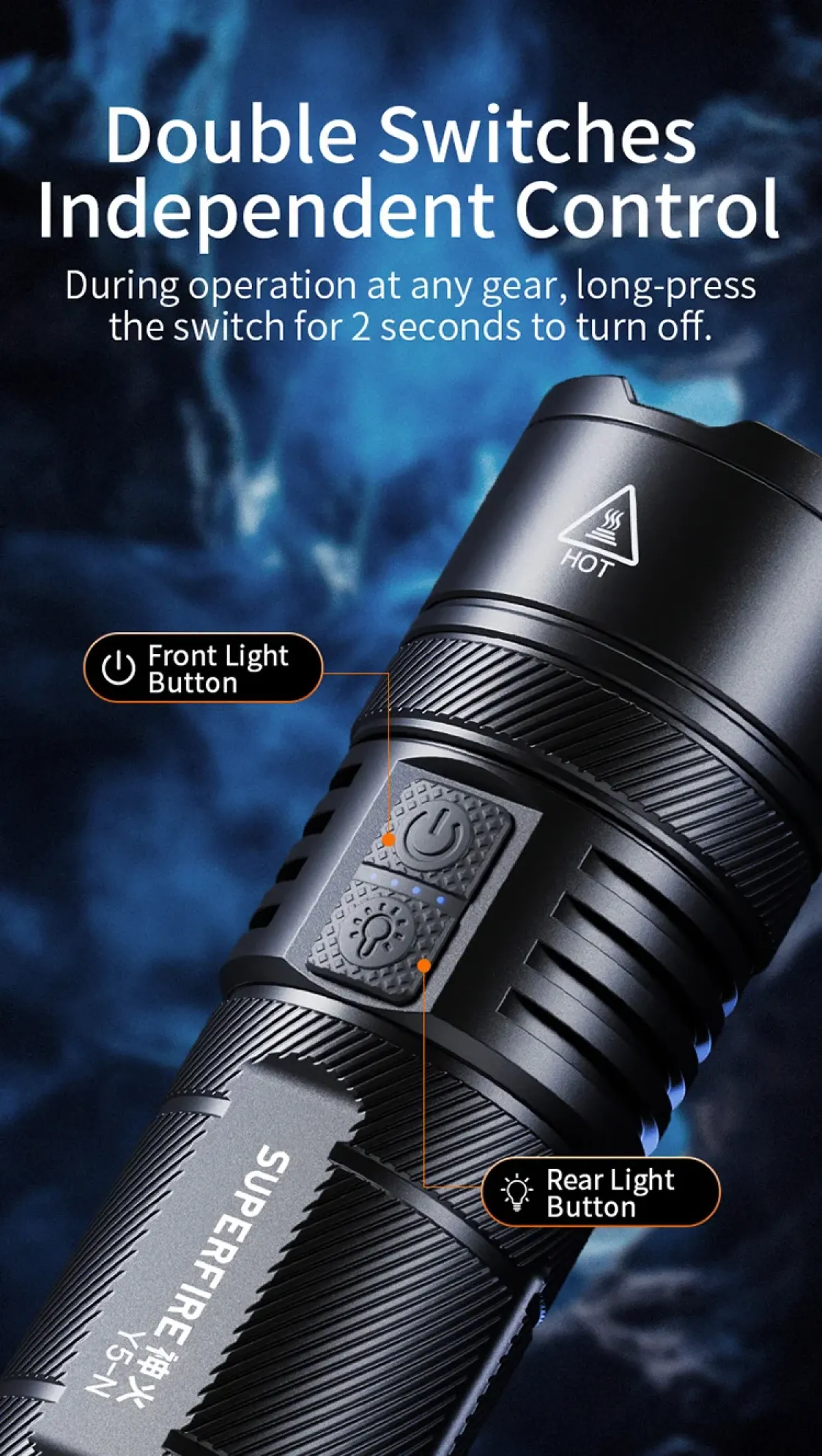 Superfire Y5-N Wildlife Spotting Flashlight with Red, Yellow & Blue Filters, 700m Long-Range Zoom Beam, RGB Rear Light