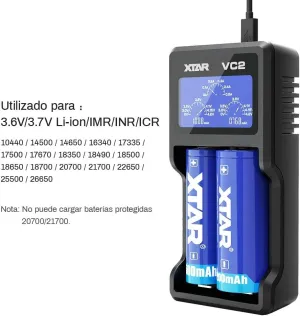 XTAR VC2 Dual-Slot Smart LCD Lithium-Ion Battery Charger with Independent Charging Channels and Micro-USB Input