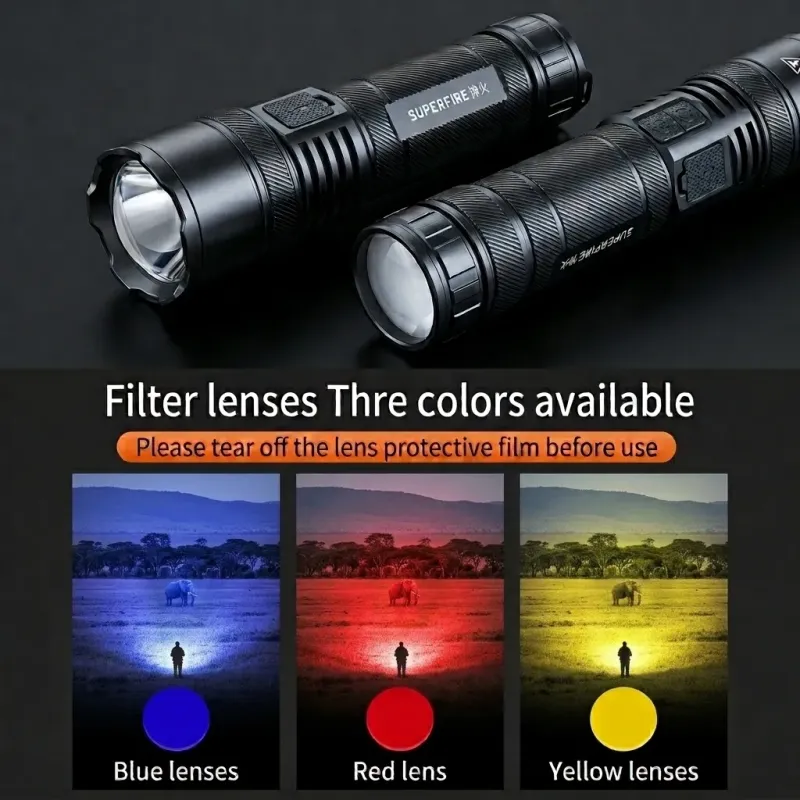 Superfire Y5-N Wildlife Spotting Flashlight with Red, Yellow & Blue Filters, 700m Long-Range Zoom Beam, RGB Rear Light & Rechargeable 18650 Batteries in Kenya